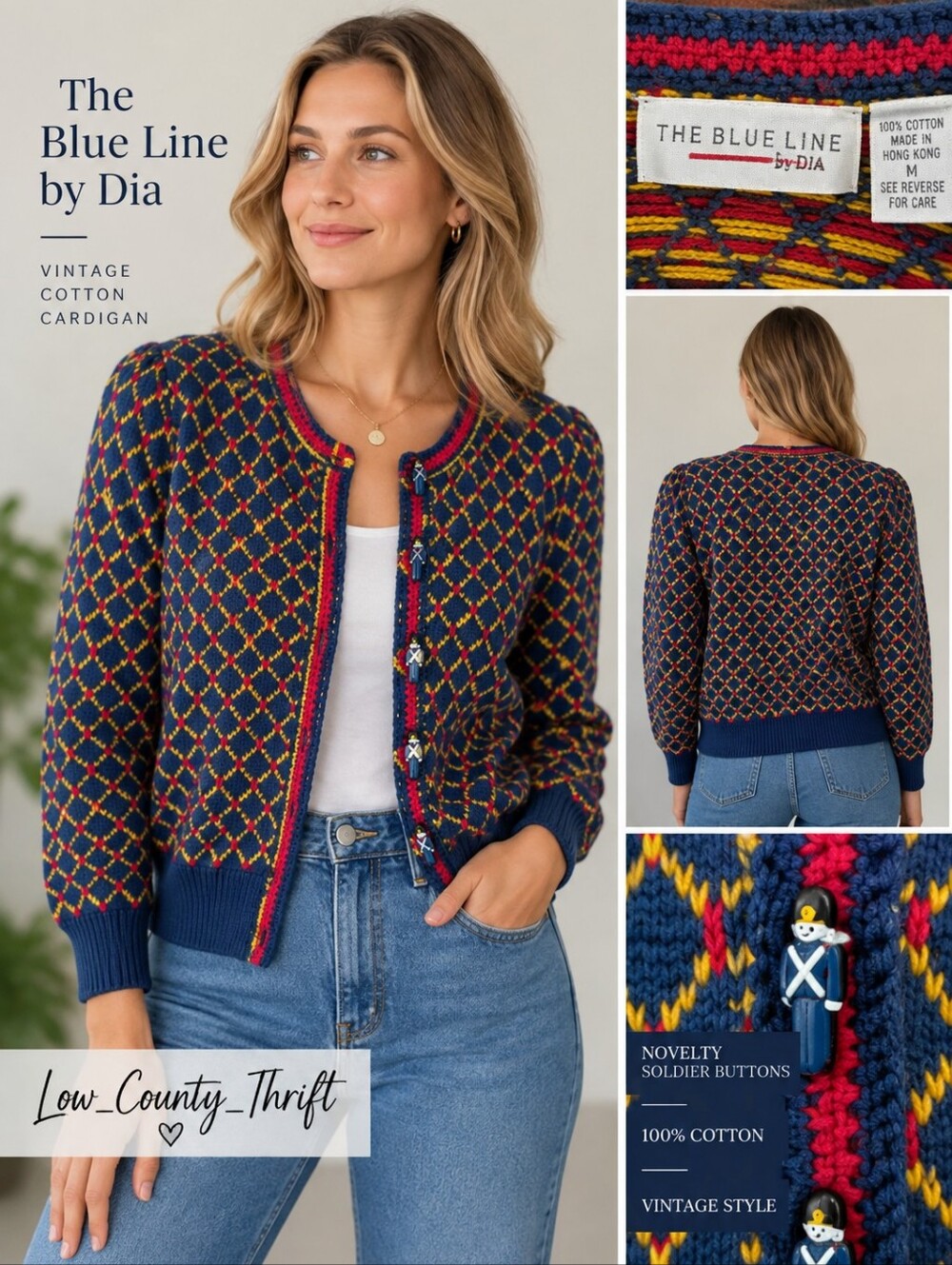 Vintage Blue Line by Dia Soldier Button Cardigan Women's M Cotton